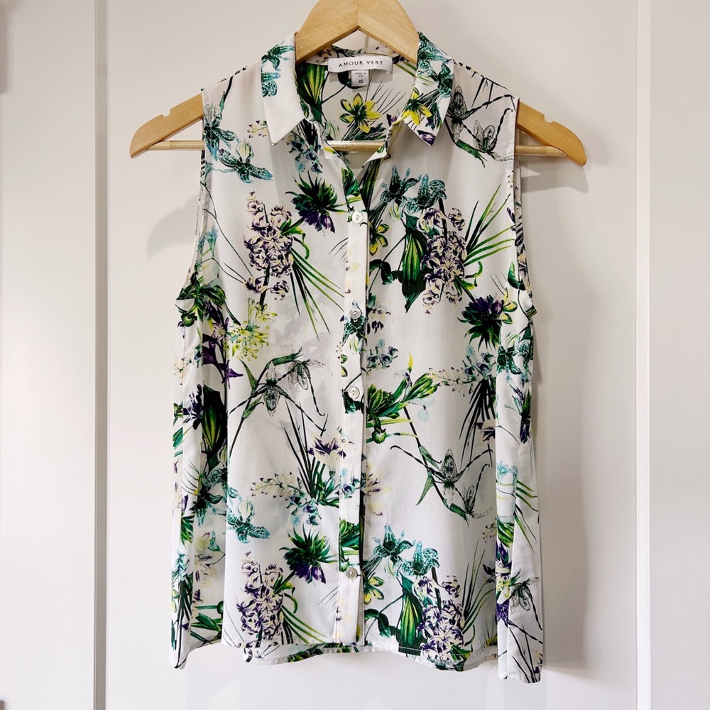Amour Vert Riley tropical print silk sleeveless shirt size XS